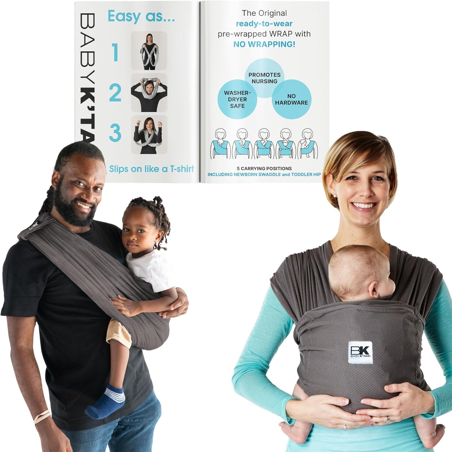 Baby K'tan Breeze Baby Carrier in Charcoal front view with breathable cotton mesh fabric panels.