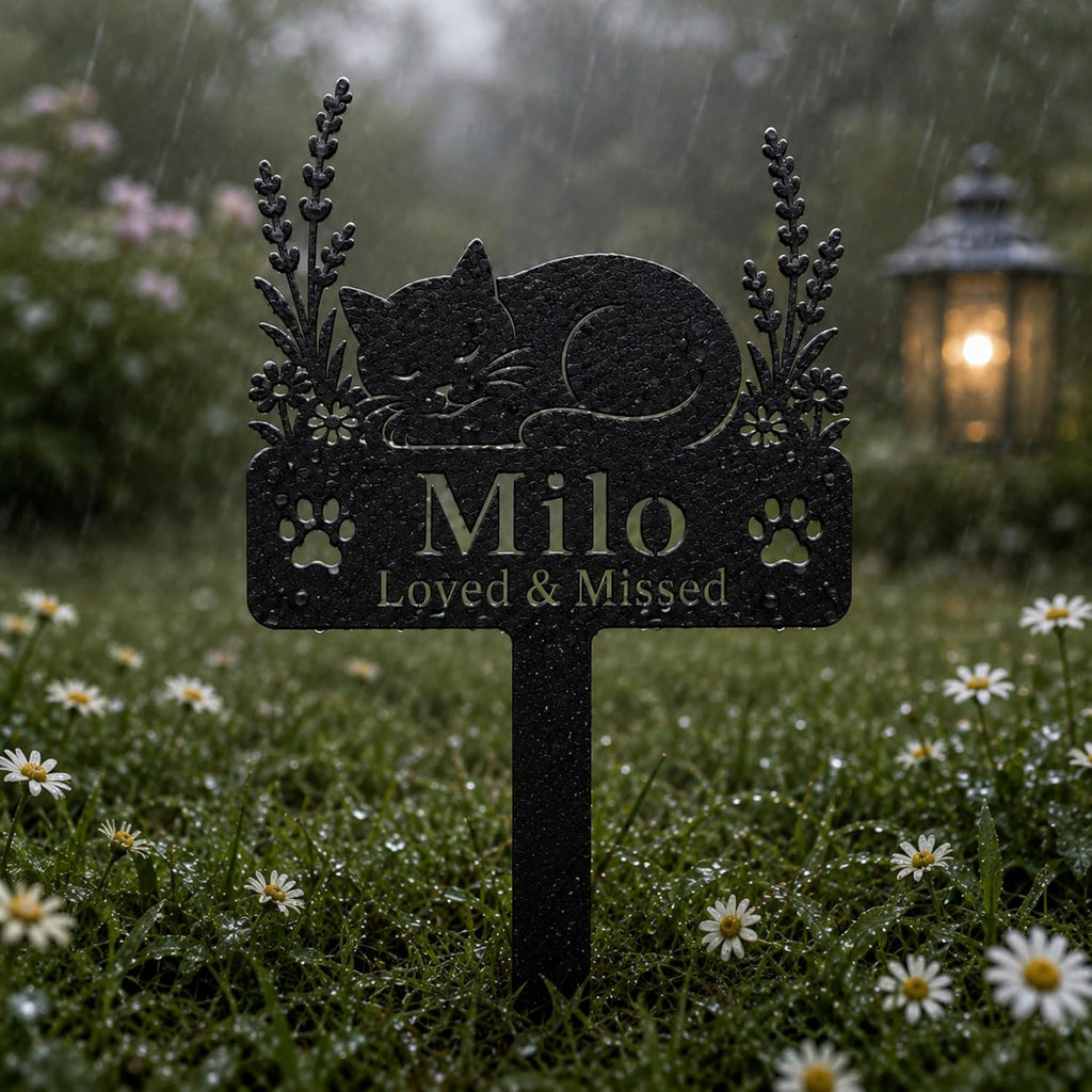 Personalized Cat Memorial Garden Stake, Custom Metal Cat Grave Marker with Name and Message, Cat Loss Sympathy Gift for Yard Garden Cemetery (Sleeping Cat) - Image 3