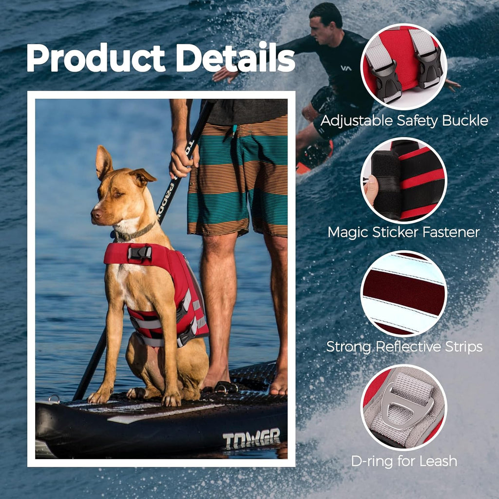 Side profile of a medium dog wearing the adjustable LeLePet water safety vest near a swimming pool.