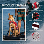 Side profile of a medium dog wearing the adjustable LeLePet water safety vest near a swimming pool.