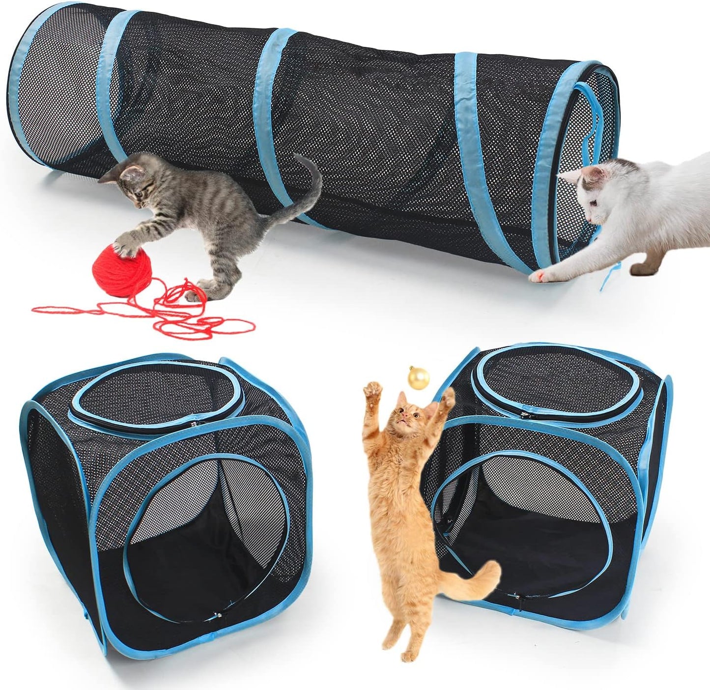 INTURN mesh cat tunnel and cubes set blue trim details