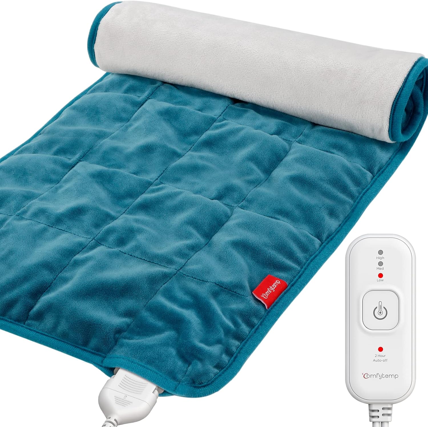 Comfytemp weighted heating pad front view showing blue quilted flannel fabric and attached wired controller for back pain relief