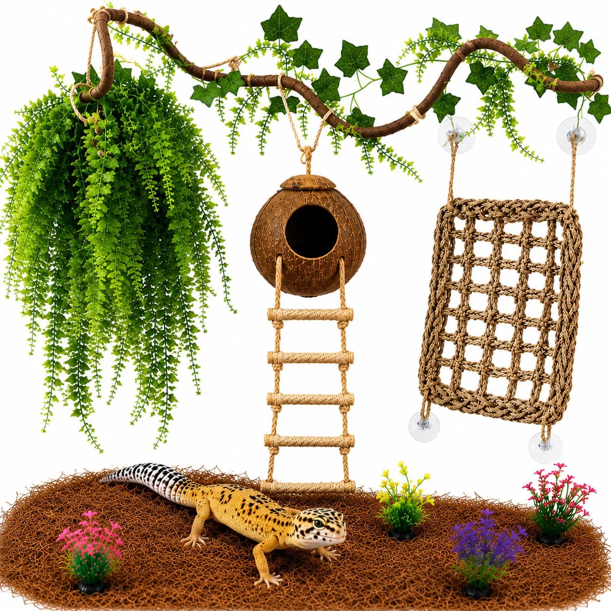 Cosoc leopard gecko tank accessory set with coconut hideout and vines