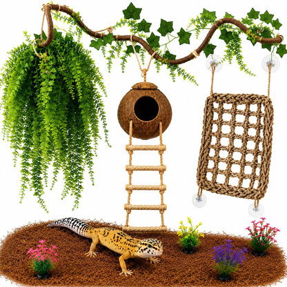 Cosoc leopard gecko tank accessory set with coconut hideout and vines