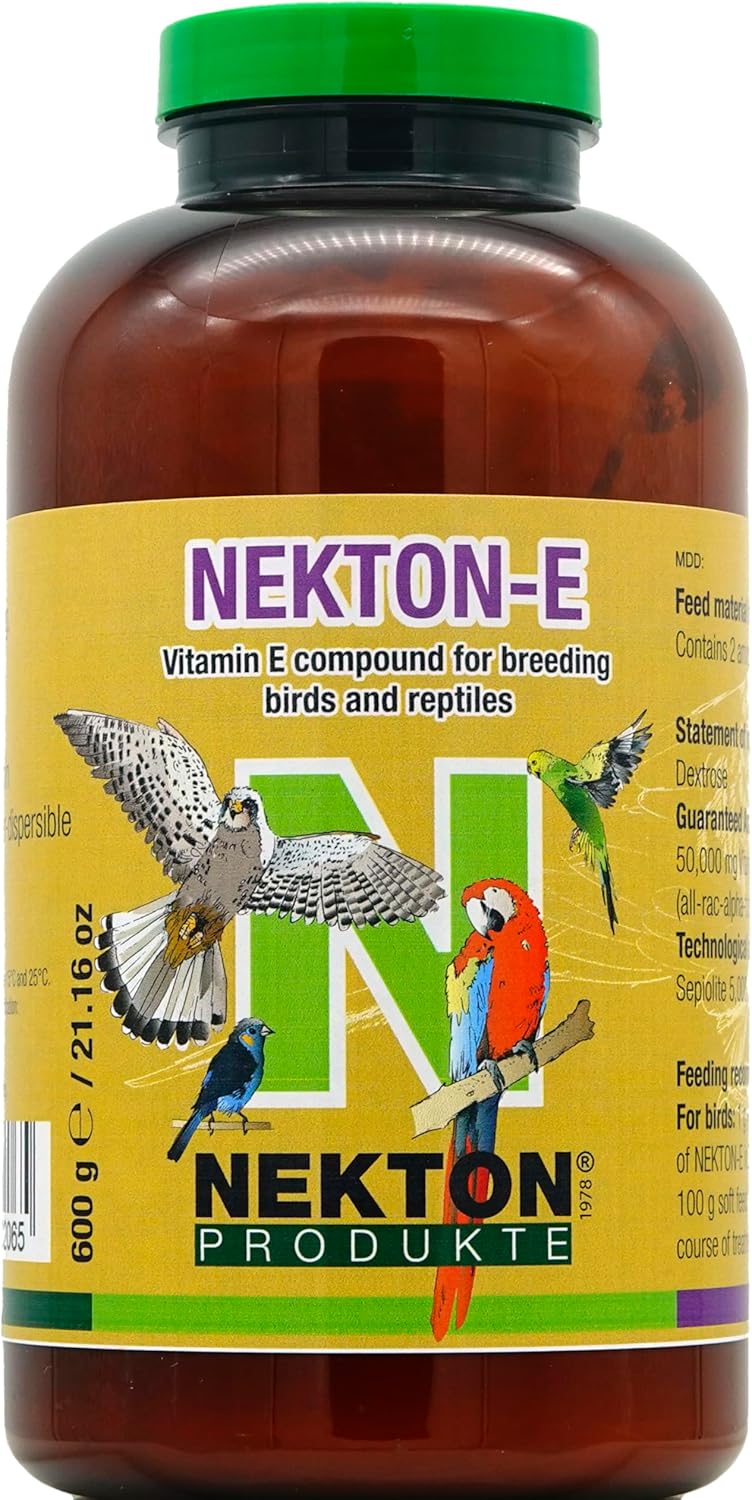 Nekton E premium bird vitamin e compound container next to a water dispenser graphic