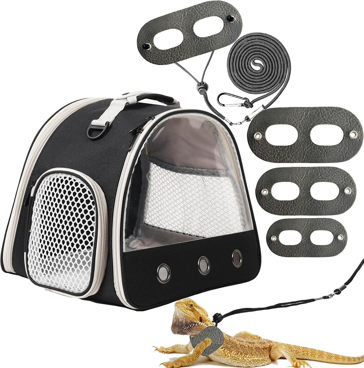 Leopard Gecko Portable Carrier with Leather Harness and Leash Set,Small Animal Travel Cage with Transparent Window,Lizard Carrier for Hamster Rabbit Gerbil Hedgehog Sugar Glider - Image 1