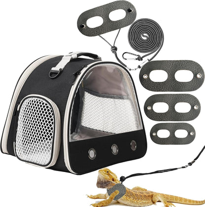 Leopard Gecko Portable Carrier with Leather Harness and Leash Set,Small Animal Travel Cage with Transparent Window,Lizard Carrier for Hamster Rabbit Gerbil Hedgehog Sugar Glider - Image 1