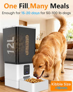Side profile of the UTCG smart pet food dispenser showing the 12 Liters extra large capacity hopper.