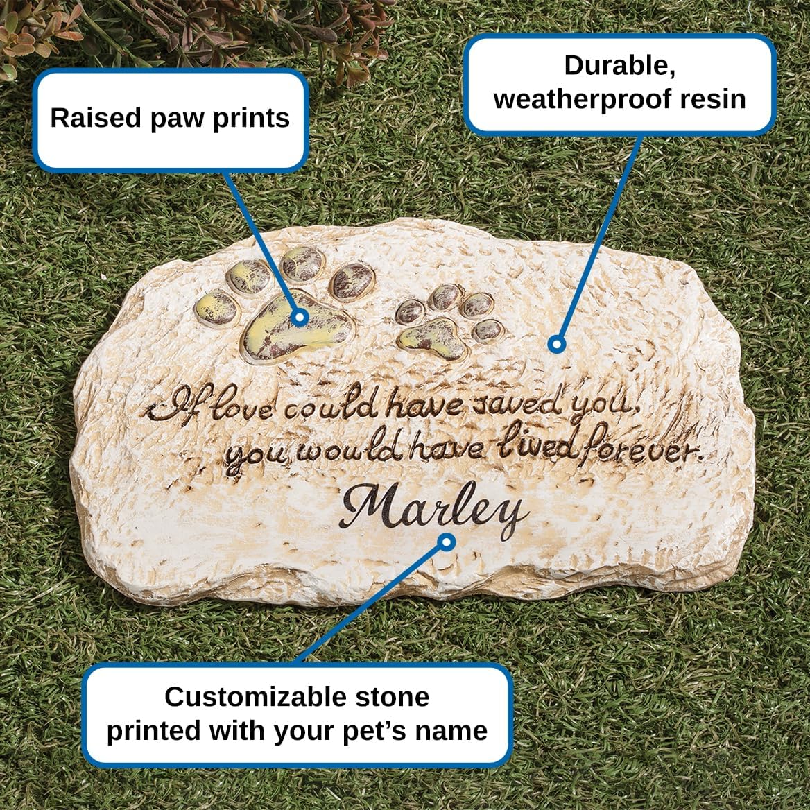 Weatherproof pet grave marker close up detail