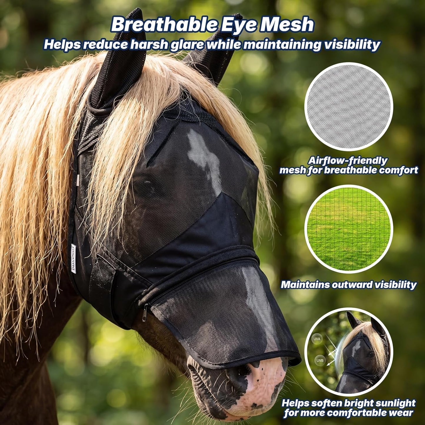Detachable nose cover detail on Sagud black equine fly mask