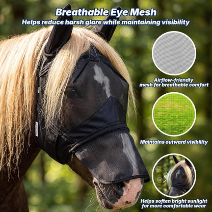 Detachable nose cover detail on Sagud black equine fly mask