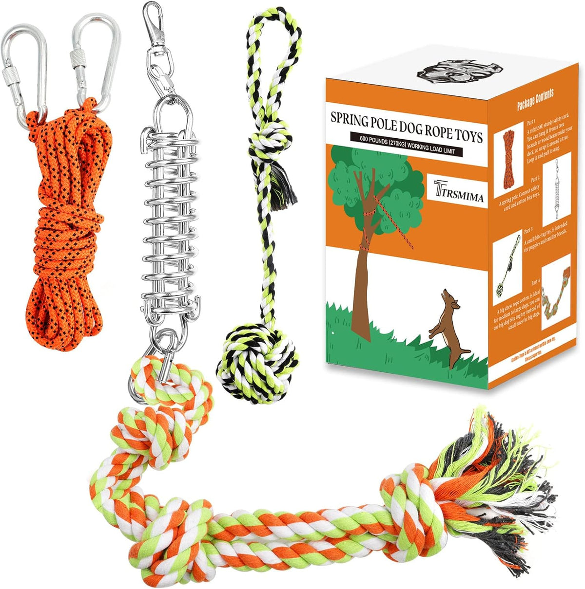 Packaging contents of the imported high energy dog training spring pole kit