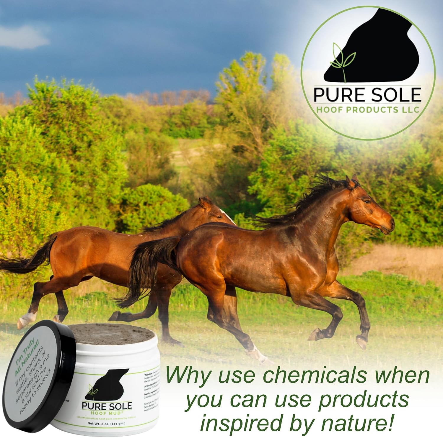 Non caustic natural ingredients label on Pure Sole equine mud packing