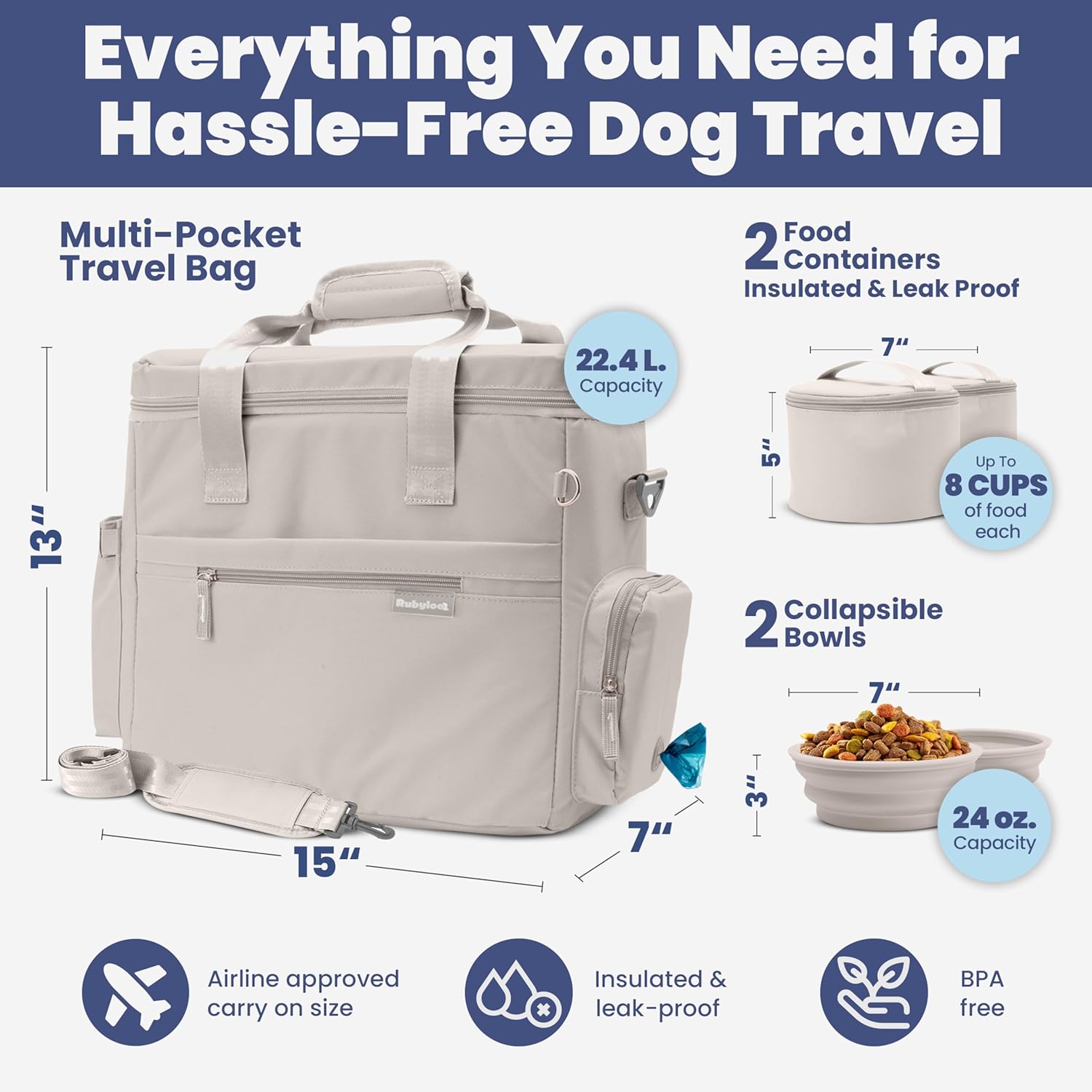 Beige pet supply travel bag showcasing the built in poop bag dispenser