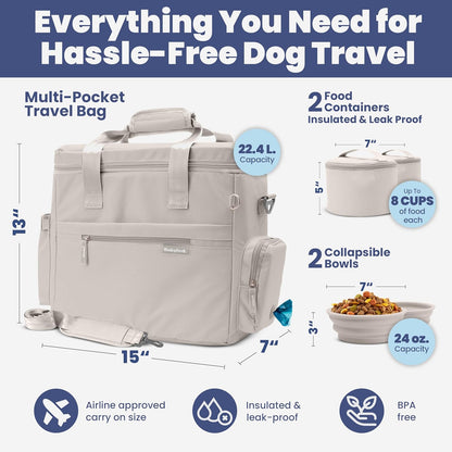 Beige pet supply travel bag showcasing the built in poop bag dispenser