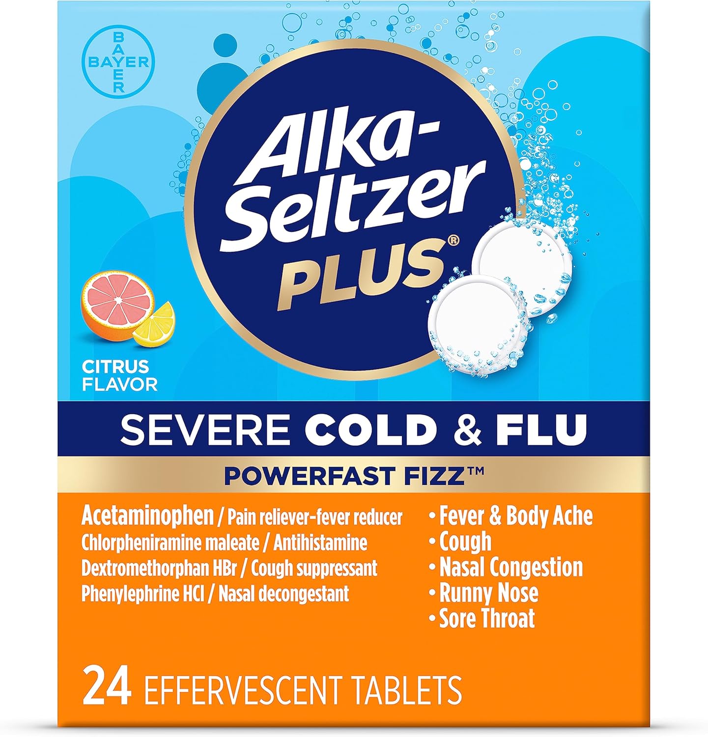 Alka-Seltzer Plus Severe Cold and Flu Citrus Effervescent Tablets front view package for seasonal relief
