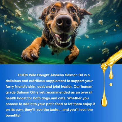 Wild caught Alaskan salmon oil side packaging details and feeding instructions.