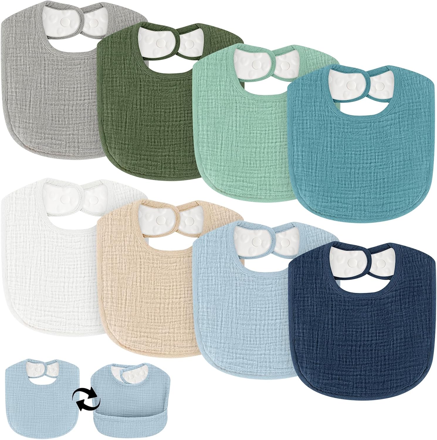 Comfyroll 8 pack muslin cotton baby drool bibs front view