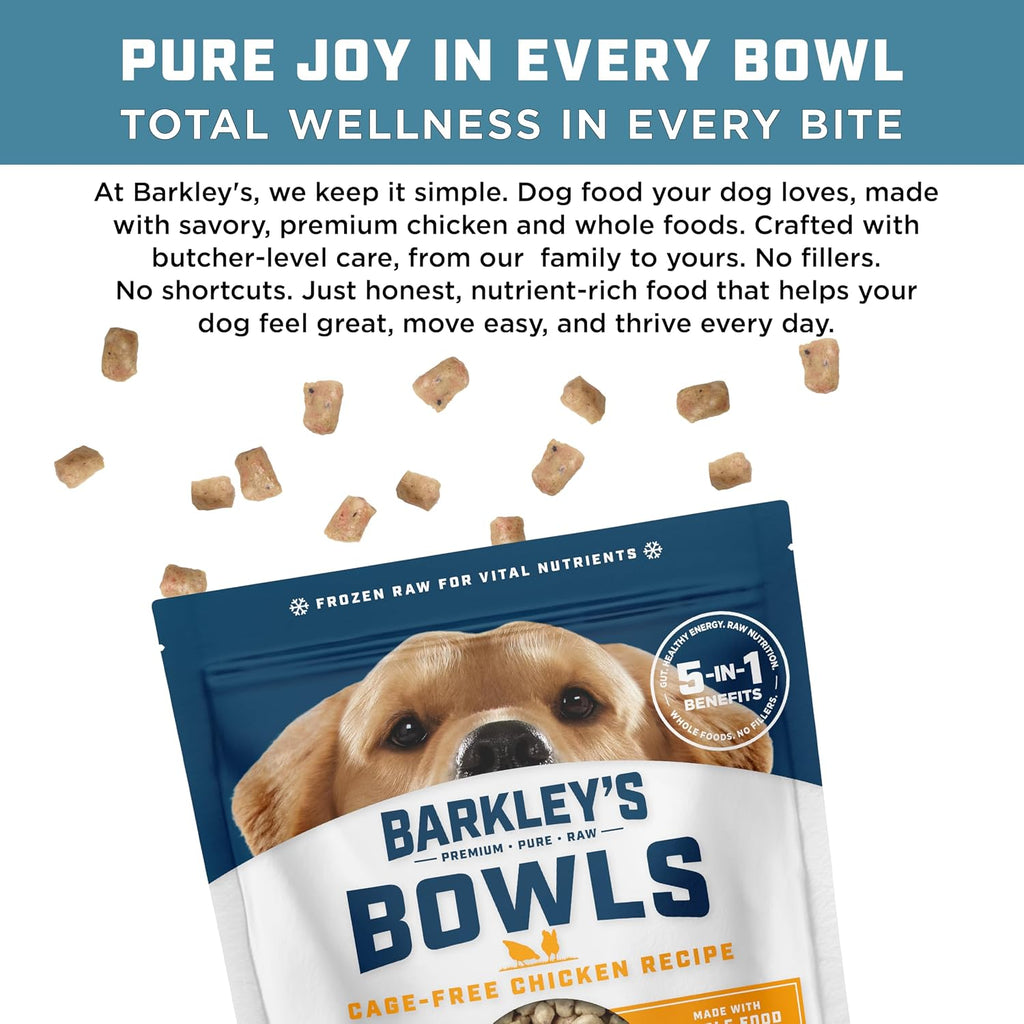 Close up of Barkley's Bowls frozen raw chicken ingredients