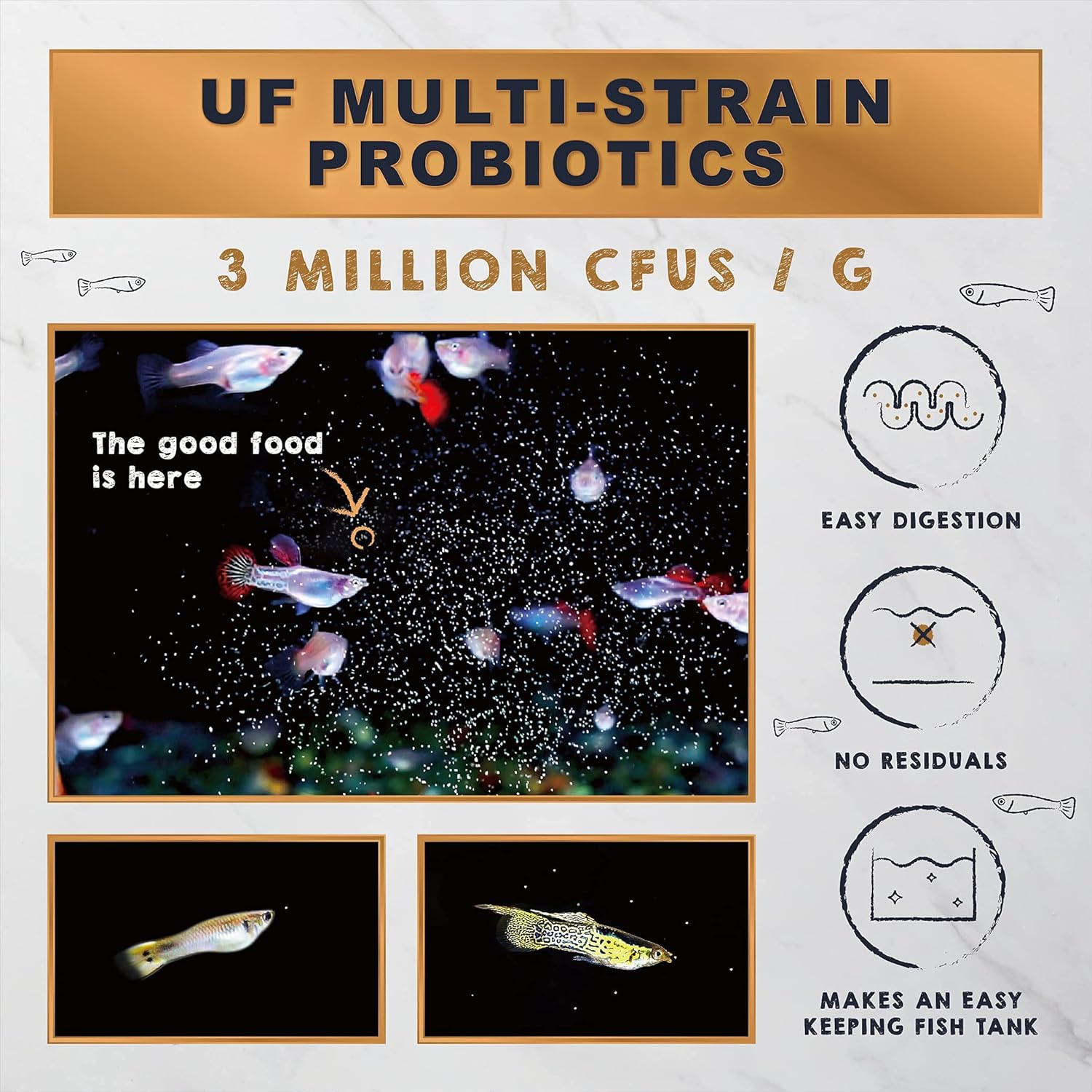 Probiotic enriched baby fish food packaging detailing clean water technology benefits