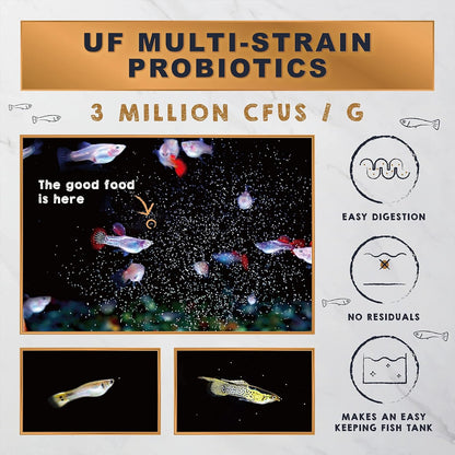 Probiotic enriched baby fish food packaging detailing clean water technology benefits