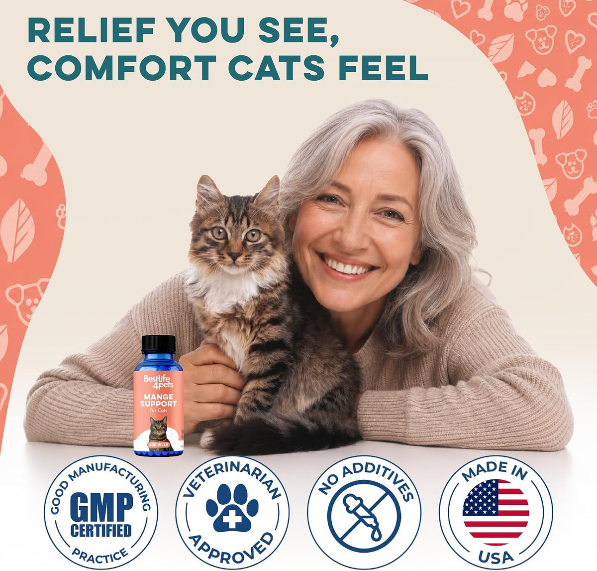 BestLife4Pets cat mange support nutritional facts and directions label.