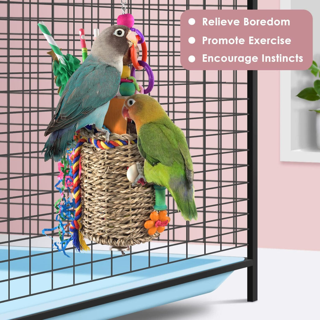 Side view of Katumo bird toy showing woven seagrass basket structure