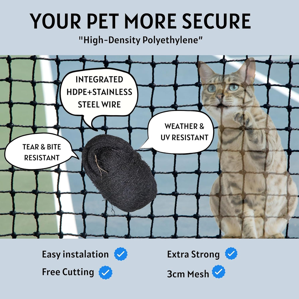 Pet safely sitting on apartment balcony with protective netting