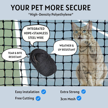 Pet safely sitting on apartment balcony with protective netting