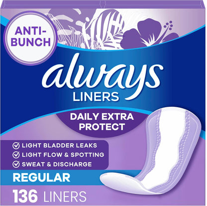 Always Daily Extra Protect Liners 136 count box front view for daily freshness
