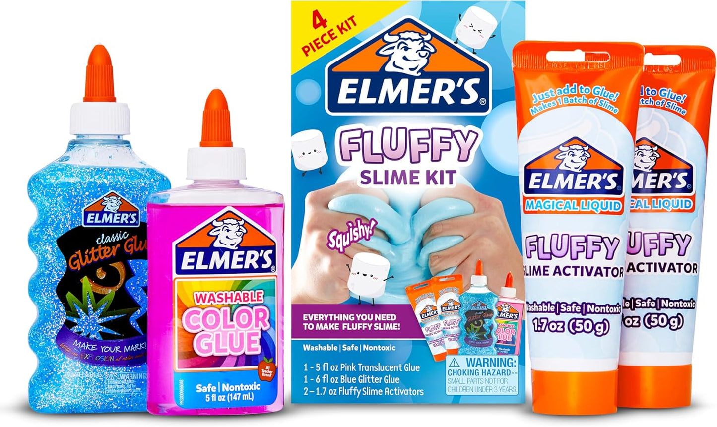 Elmer's Fluffy Slime Kit front packaging view containing craft glues and activator liquids.