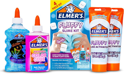 Elmer's Fluffy Slime Kit front packaging view containing craft glues and activator liquids.