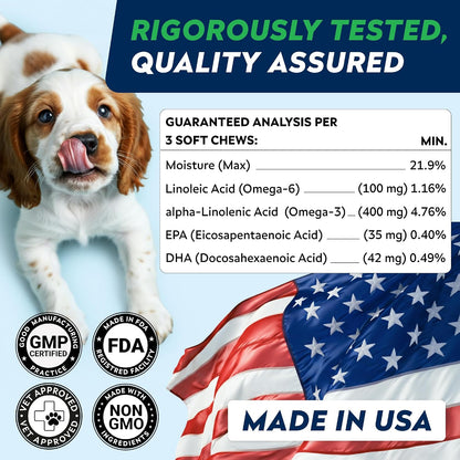Close up view of chicken liver flavored omega fish oil treats for dogs.