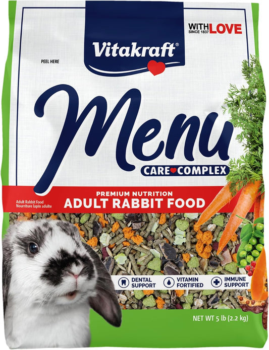 Vitakraft Menu Premium Rabbit Food five pound bag front view showing alfalfa pellets and vegetables blend.