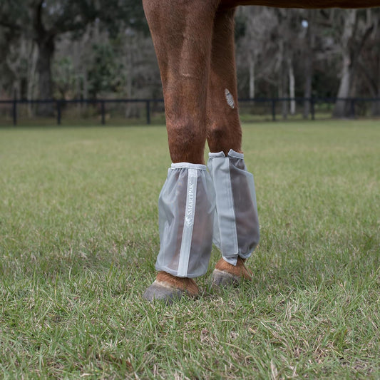 SmartPak Deluxe Relaxed Fit Fly Boots front view on horse legs showing breathable mesh.