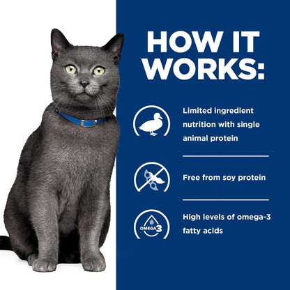 Hill's Prescription Diet feline dd hypoallergenic duck recipe nutritional profile display