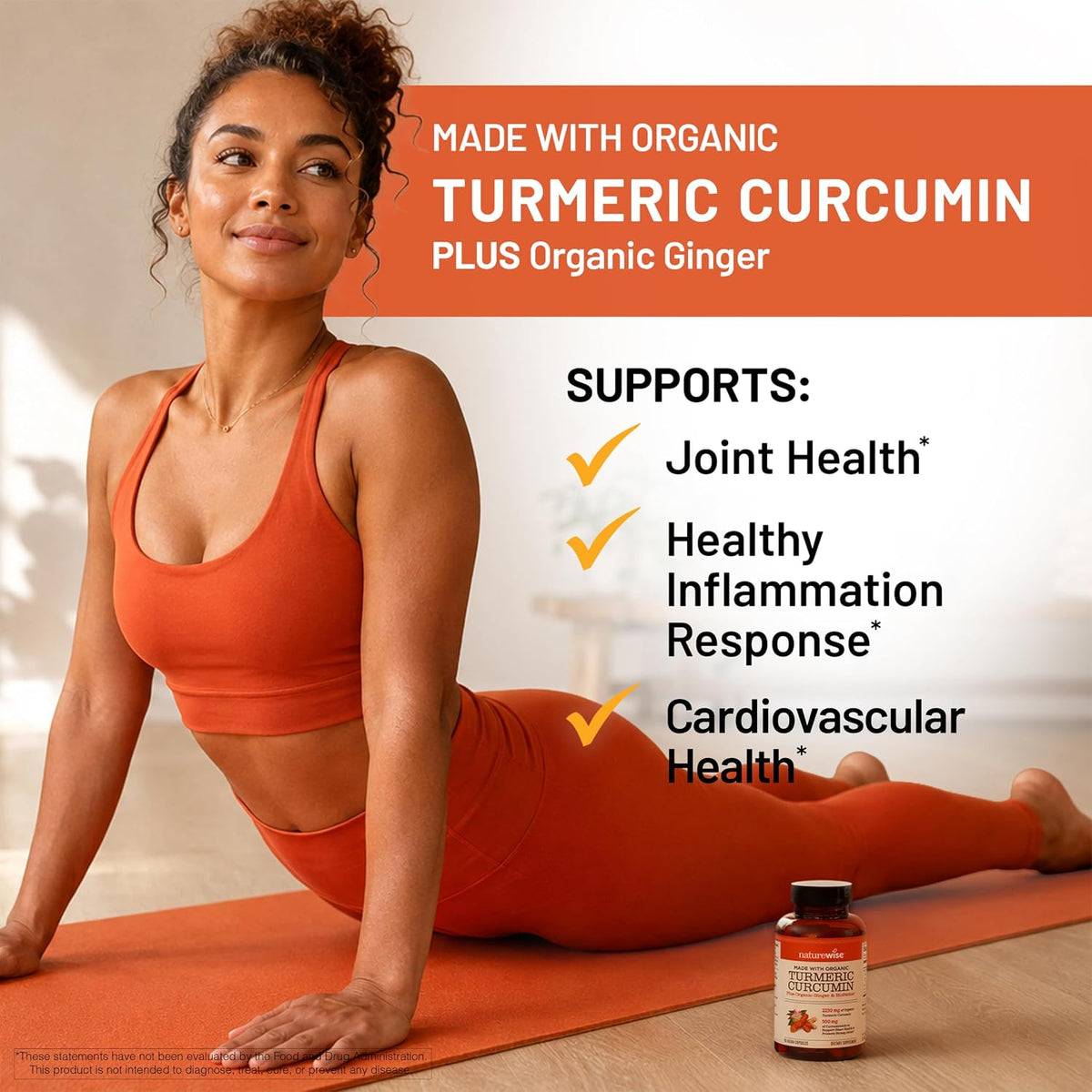 Close up of NatureWise turmeric supplement label highlighting organic ingredients and 2250mg potency
