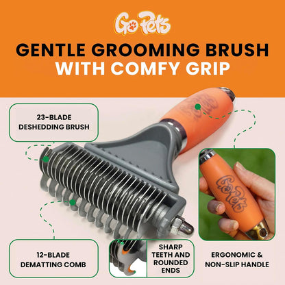 Orange silicone handle of GoPets dematting comb for ergonomic grip