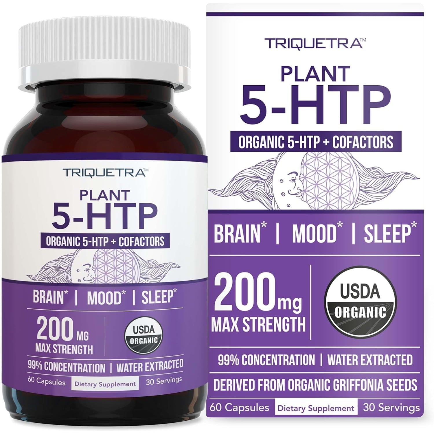 Triquetra Health Organic 5-HTP 200mg bottle front view for mood support.