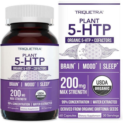 Triquetra Health Organic 5-HTP 200mg bottle front view for mood support.