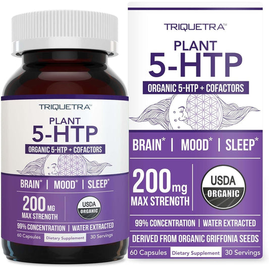 Triquetra Health Organic 5-HTP 200mg bottle front view for mood support.