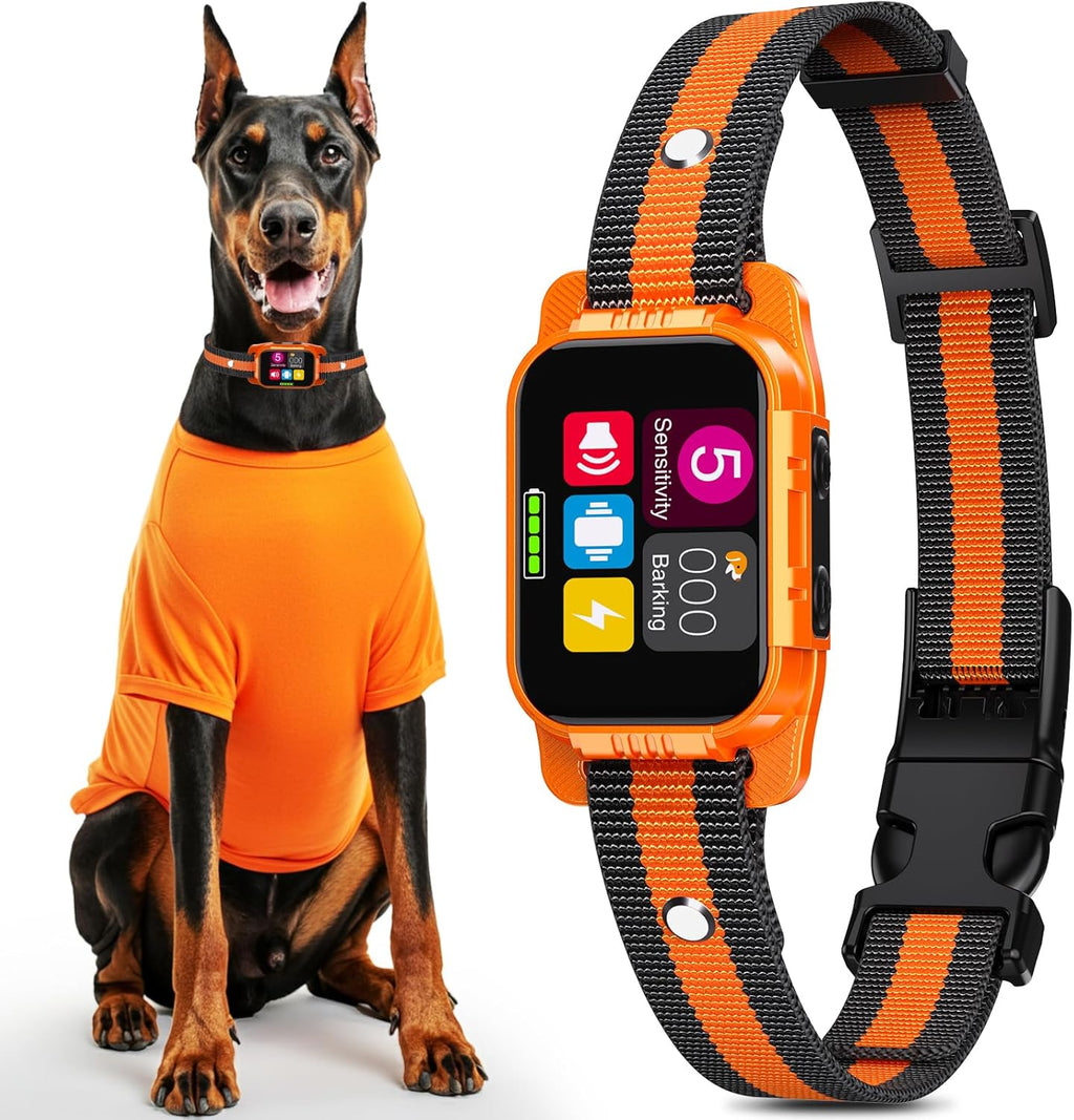 SKBAK smart dog bark collar front view with orange strap