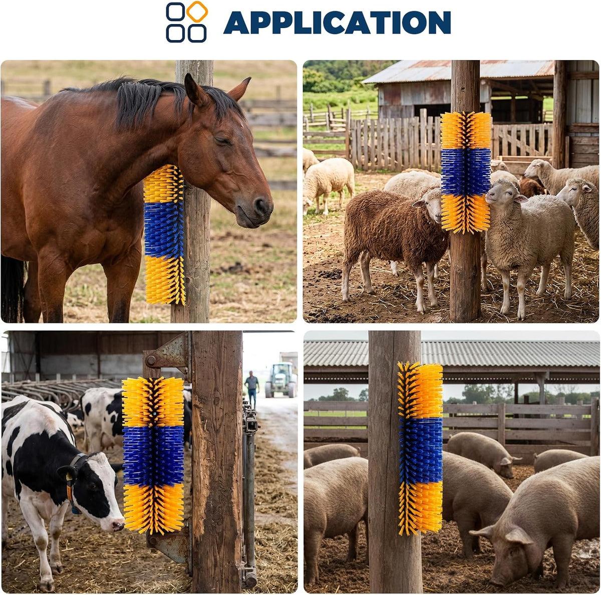 Close up view of weather resistant cattle massage brush bristles