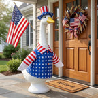 Close up view of the durable fabric and holiday accessories for porch goose