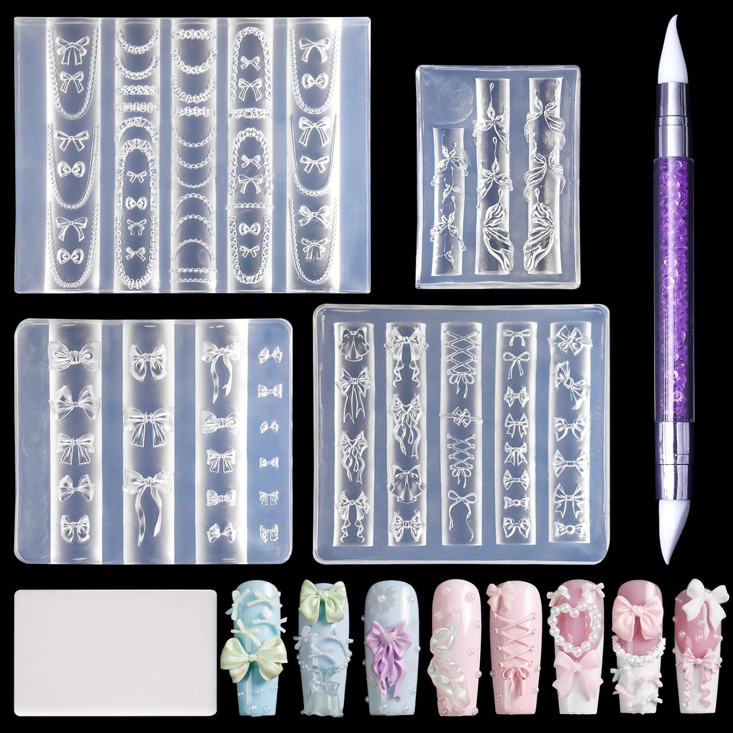Laza 4 Piece 3D Bowknot Silicone Nail Art Molds kit front view showing transparent design templates.