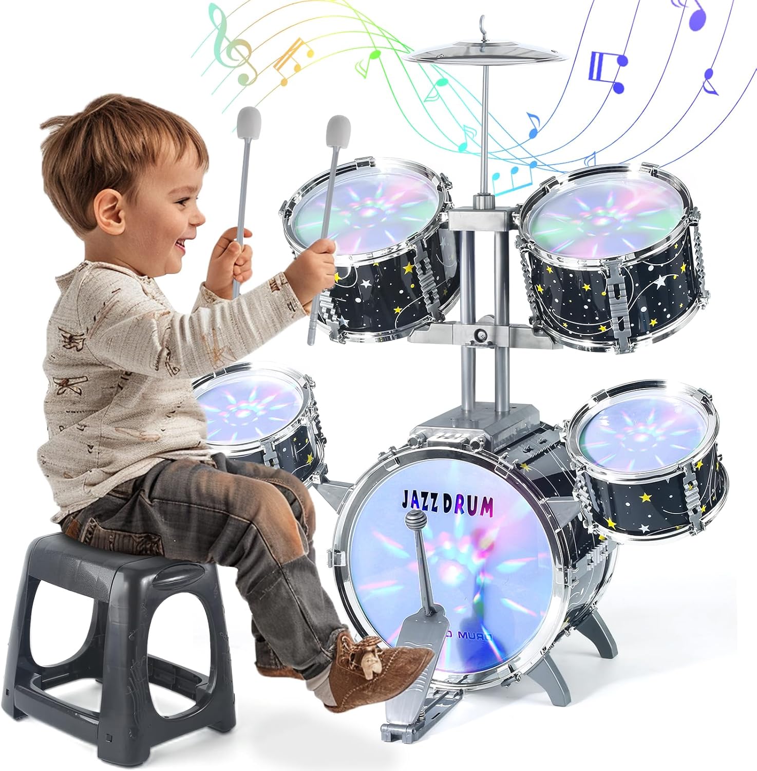 Captain Chaowing Kids Drum Set front view showcasing the complete five drum configuration with cymbal and stool.