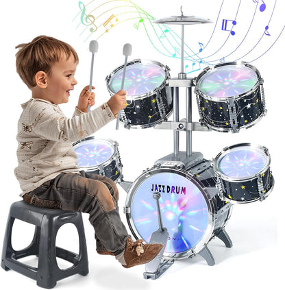 Captain Chaowing Kids Drum Set front view showcasing the complete five drum configuration with cymbal and stool.