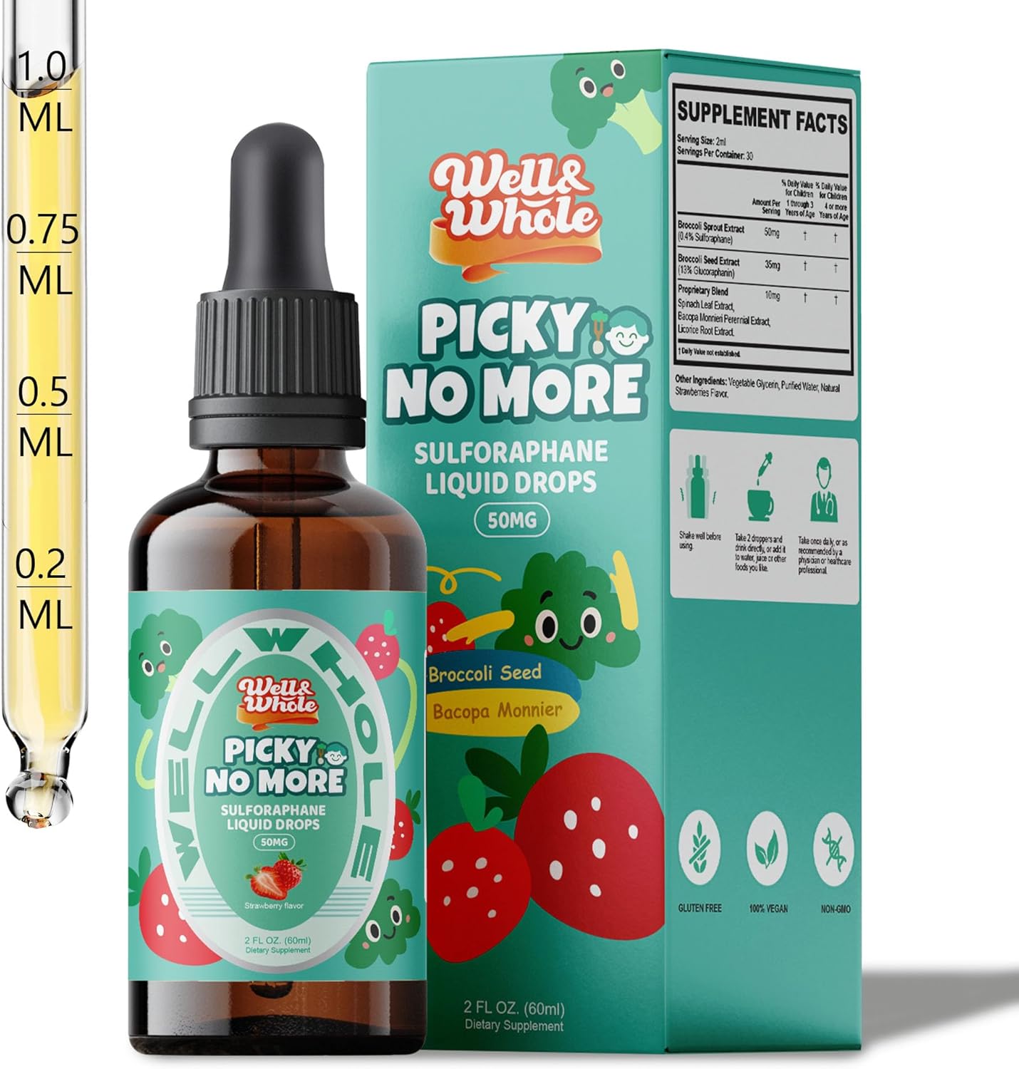 Well and Whole Kids Sulforaphane Liquid bottle and packaging front view showing strawberry flavor greens supplement.
