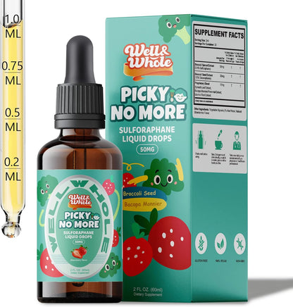 Well and Whole Kids Sulforaphane Liquid bottle and packaging front view showing strawberry flavor greens supplement.