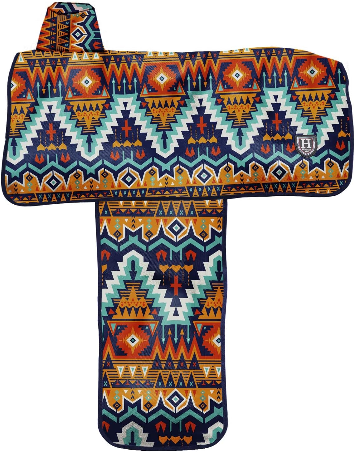 Harrison Howard equestrian gear cover protecting a western saddle from dust and scratches.